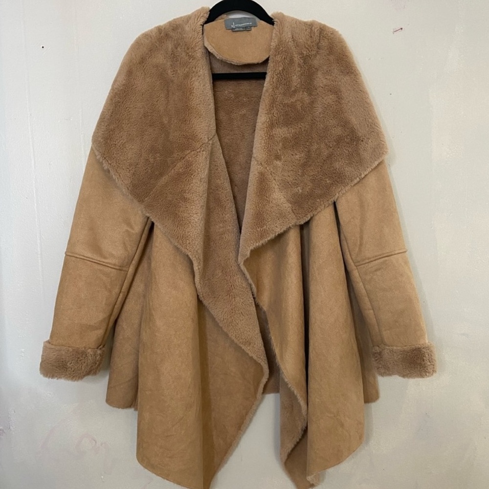 BY ANTHROPOLOGIE Faux Suede Faux Fur Lined Open Waterfall Ultra Lux Coat